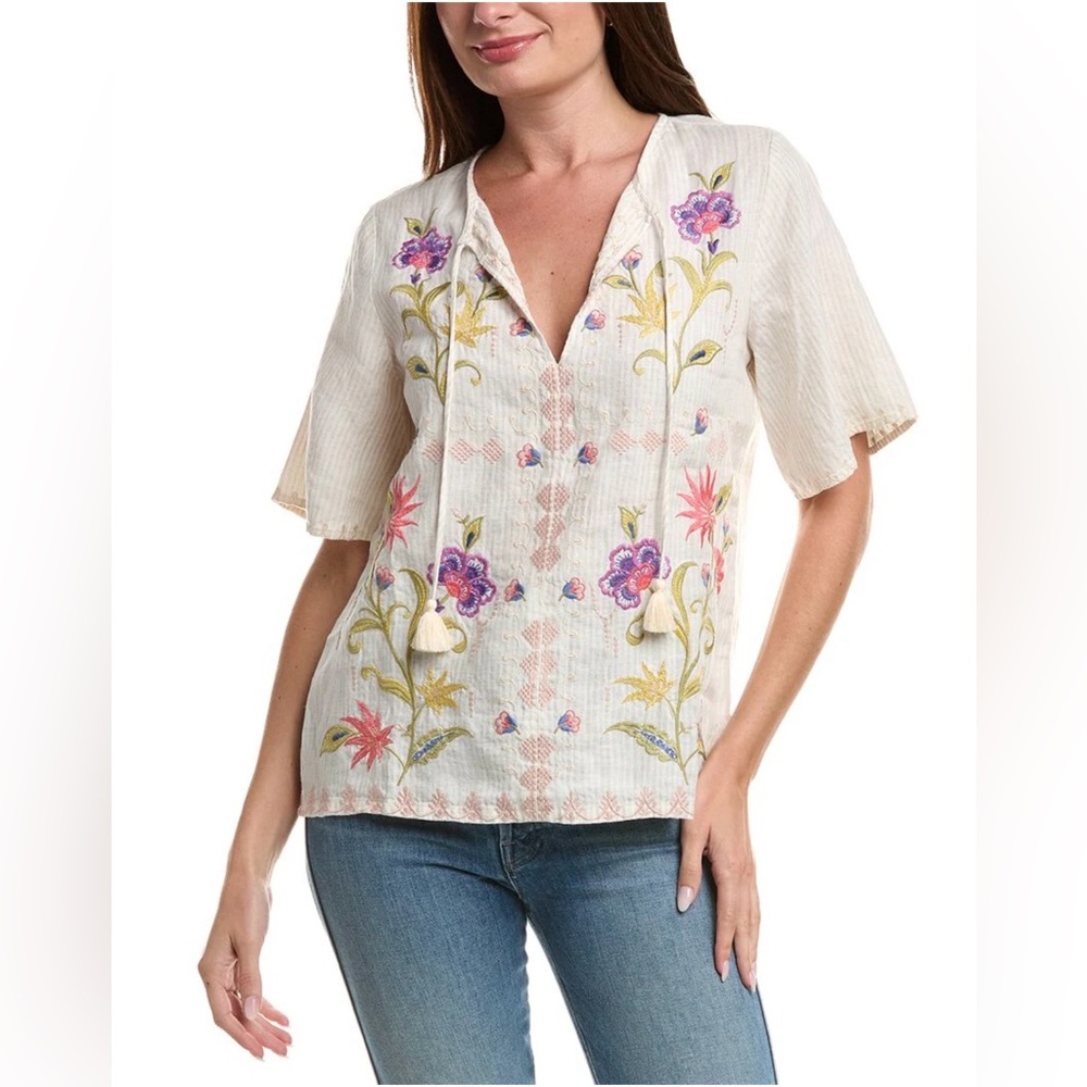 New Johnny Was 100% Linen Calista Floral Embroidered Blouse Neck Tie Ivory Sz S